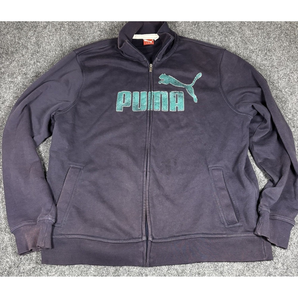 Puma Track Jacket Mens XL Navy Full Zip Distressed Logo Lifestyle Sport Vintage